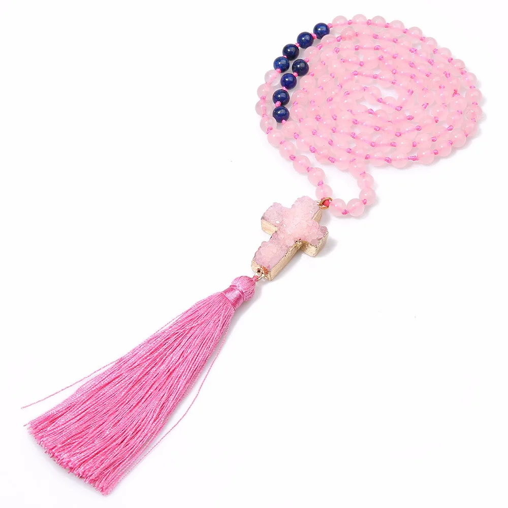 AFXSION Natural stone beads necklace, rock& powder crystal&black fused rock Beads Cross pendant tassel necklace