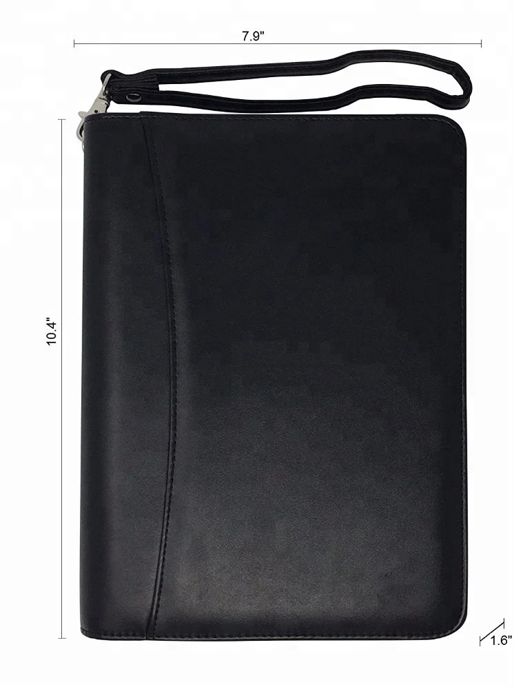 Professional Black PU Leather Portfolio Binder Organizer Zippered Portfolio Folder
