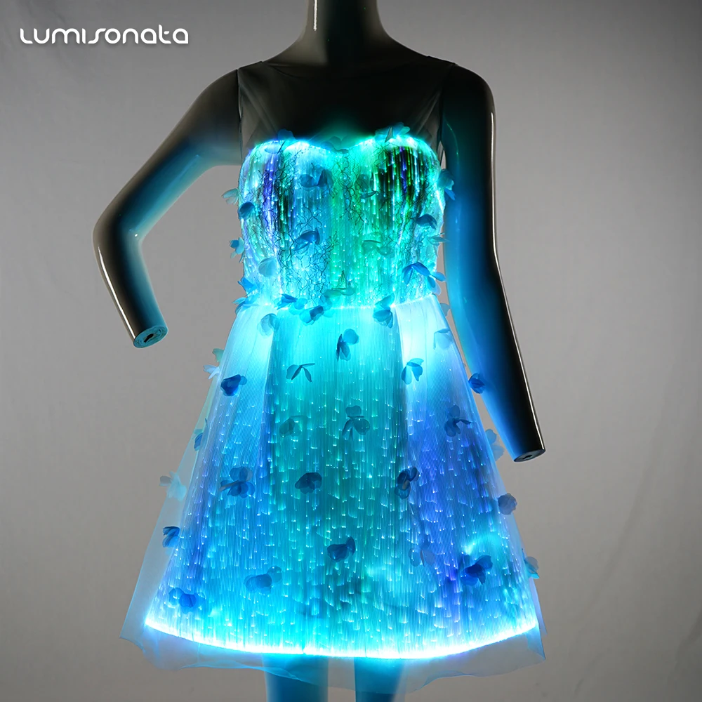 New fiber optic clothing elegant women plus size luminous glowing in the dark prom party dress