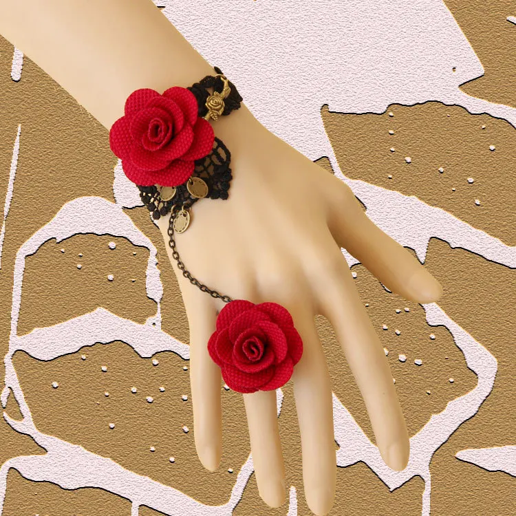 Black Lace Jewelry Retro Jewellery for Women Bracelet with Rose Ring