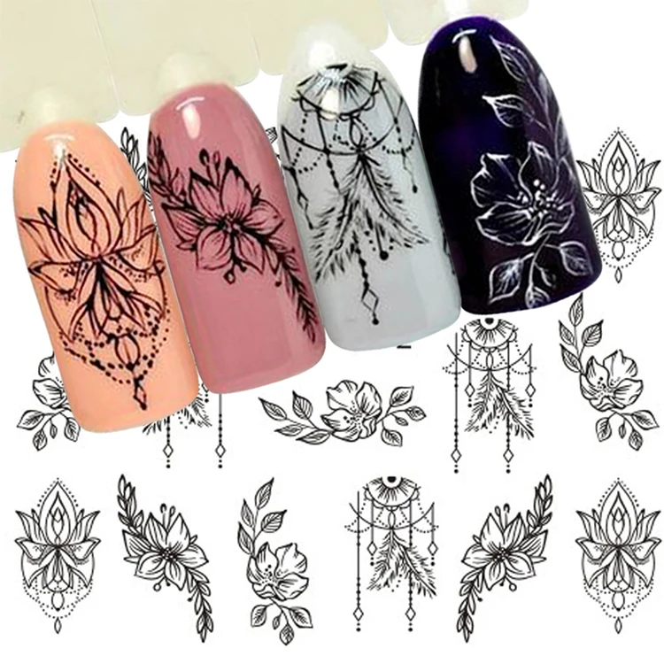 Custom pattern painting jewelry flower water decal black art nail sticker