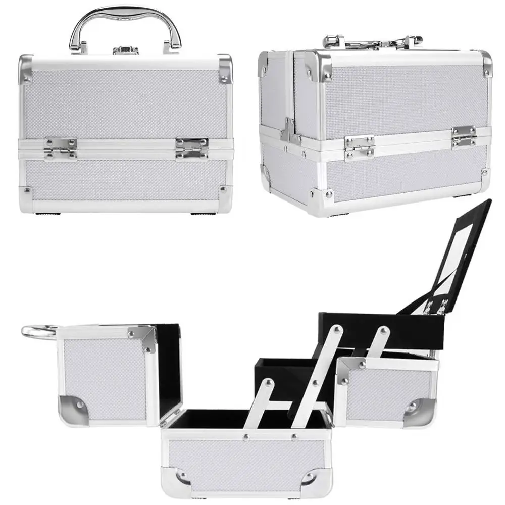 Silver Aluminum Cosmetic Case High-capacity Trunk Travel Bag Jewelry Case Women Makeup case