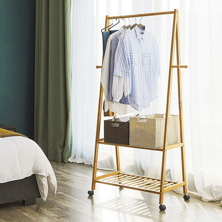 Rolling Bamboo Garment Clothes Rack