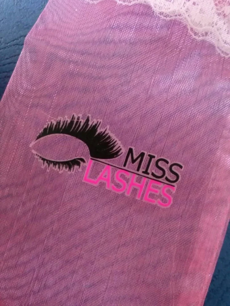 custom organza fabric cosmetic lashes pink bag with white lace