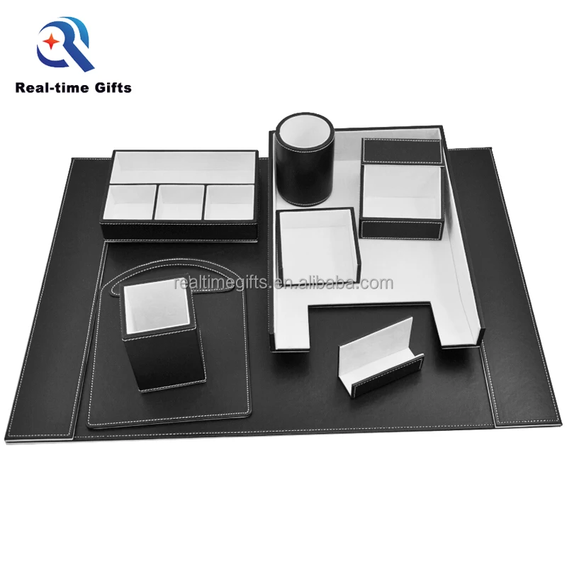 Luxury Black Business Table Organizer 9 Pieces PU Leather Office Desk Set