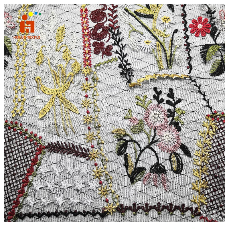 HLPD301 Mesh Custom 3D flower Embroidery Multi Color African Color Tulle Lace Fabric for Dress