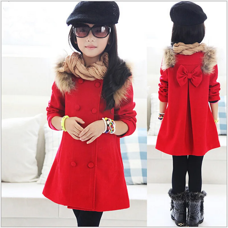 2016 Autumn And Winter Fashion Wool Coat Girl Dress Coat Long Design Kids Outerwear Red Child