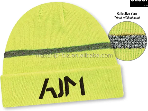 OEM sports acrylic knit fluorescent hat with reflective yarn