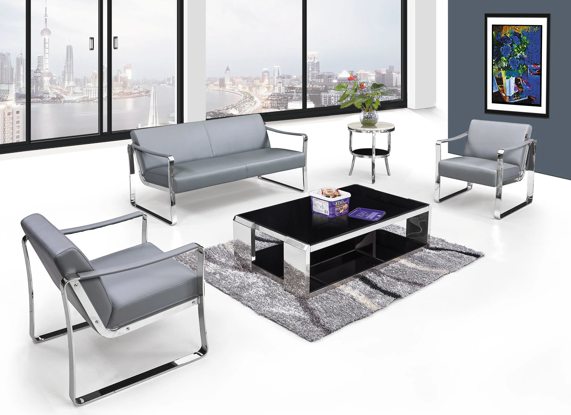 Modern Design PU Leather BONDED Leather Office Chair Furniture Sofa Set 3 Seater RED Sectional  Commerical Fabric Sofa