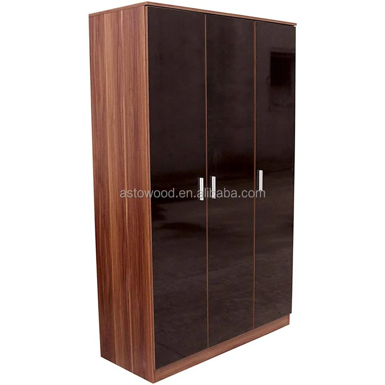 high gloss black color 3 door wardrobe with walnut body