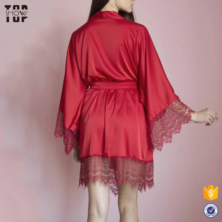 Ladies nightgown red kimono robe silky satin short dressing gown with lace trim