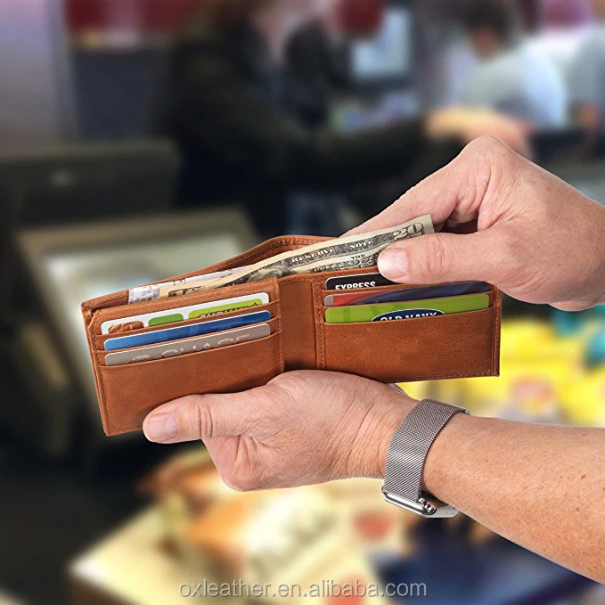 RFID Blocking Bifold Slim Genuine Leather Thin Minimalist Front Pocket Passcase Bifold Leather Wallet with RFID/NFC Blocking