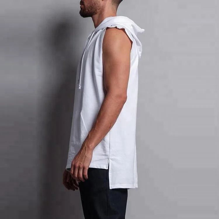 Mens Custom Work Out Gym Pullover White Tail Longline Muscle Sleeveless Hoodie