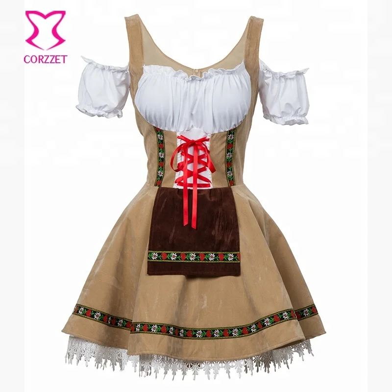 Corzzet Modern Apricot Deutsch Traditional Dirndl with Offer Shoulder Classic Oktoberfest Maid Costume Halloween Cosplay Uniform