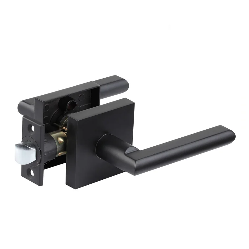 2023 Luxury Contemporary Design Interior Door Handle Lever for Wooden Door, Square Rosette Bathroom Black Zinc Alloy Modern