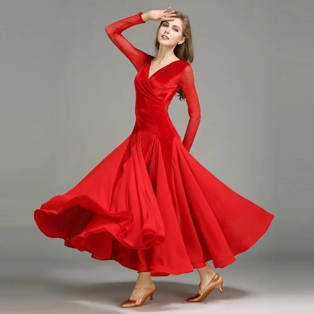 YF-MY750 Women Ladies Adults Velvet Gauze Grid Splicing Dancing Dress Waltz Tango Ballroom Costume Evening Party V-neck Dress