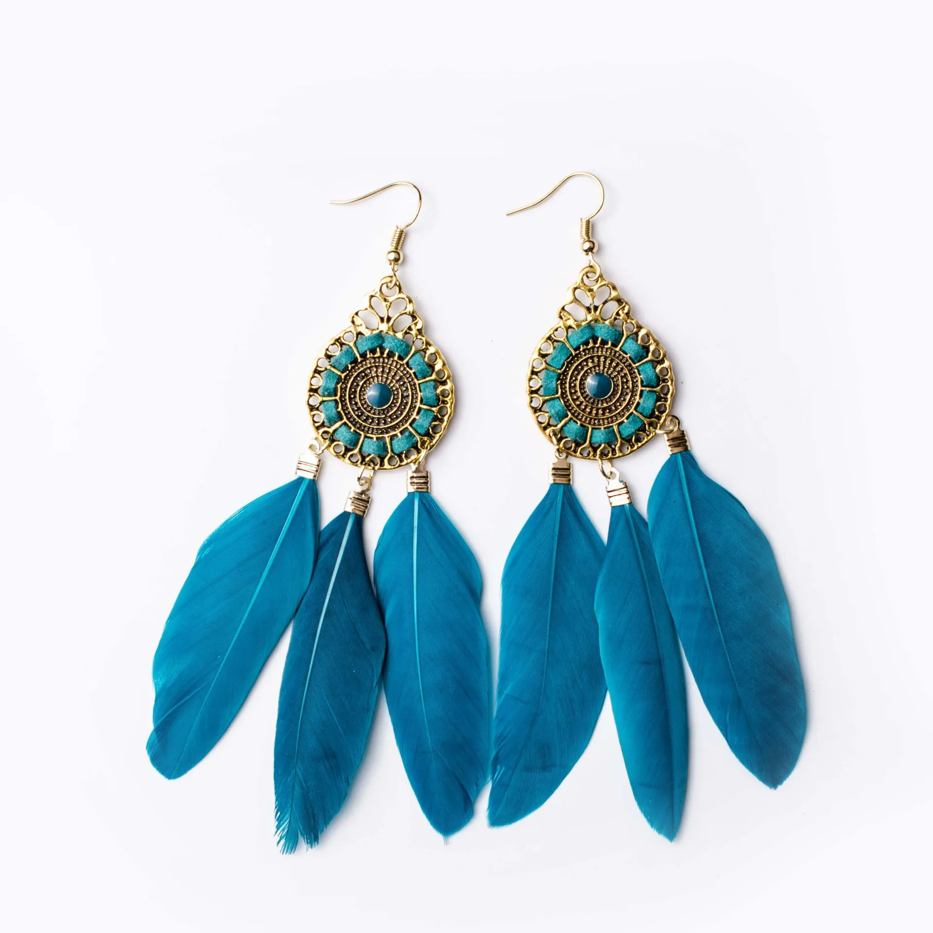 
Cross Border Euro American Retro Tassel Earrings With Bohemian Ethnic Wind Feather Long Earrings 