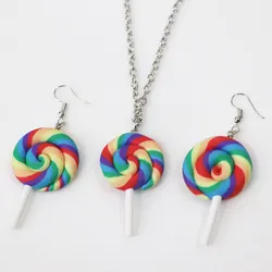 Lovely Colour Lollipop Earring Necklace Jewellery Handmade Polymer Lollipop Swirl Candy Cane Earring Necklace Set