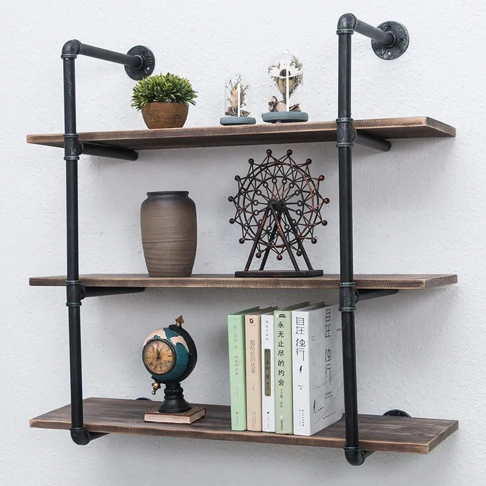 Industrial Pipe Shelves with Wood 3-Tiers,Rustic Wall Mount Shelf 36.2in,Metal Hung Bracket Bookshelf,Diy Storage Shelving
