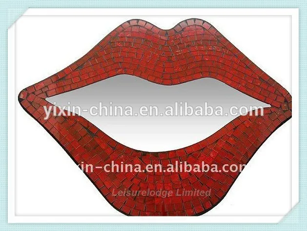 Yxap1006 lip shape mosaic mirror, crackling modern style decorative round mosaic framed mirror