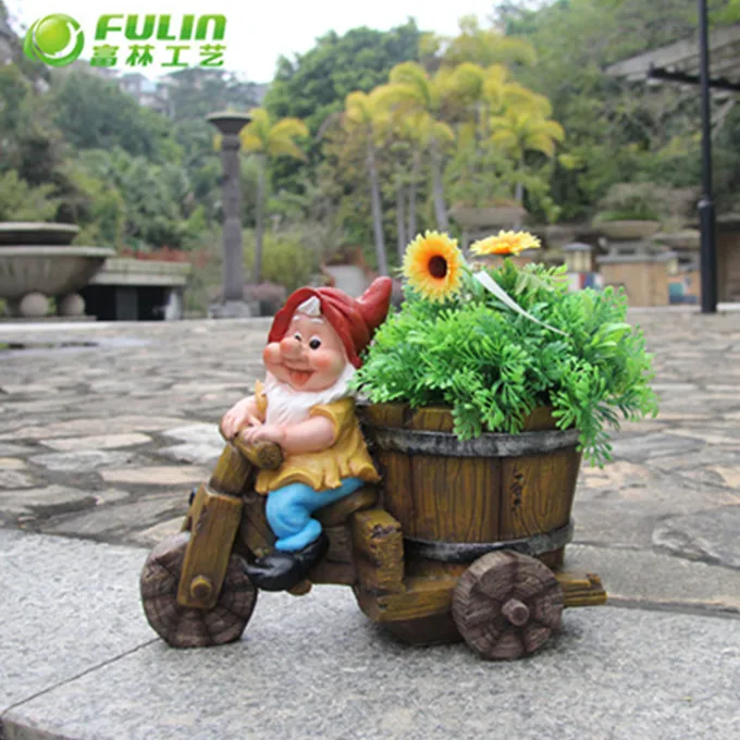 custom garden gnome on motorbike flower pots