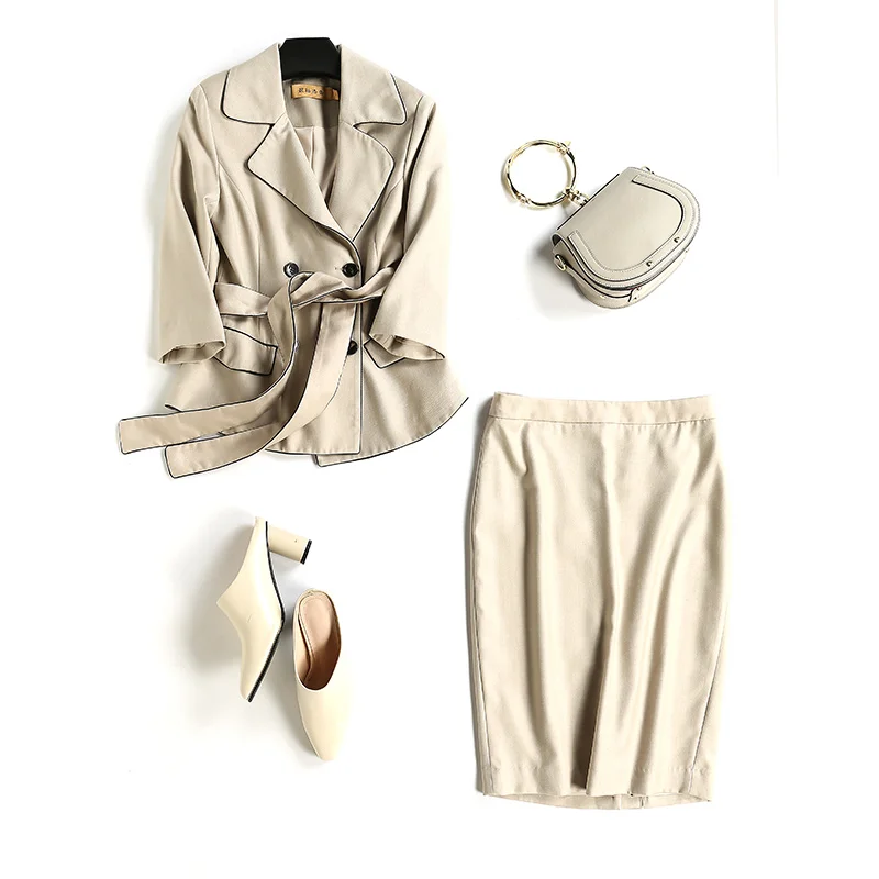 
In Stock New Arrival Women High Fashion Office Lady Three Quarter Sleeve Piping Blazer Skirt Suits Twinset 