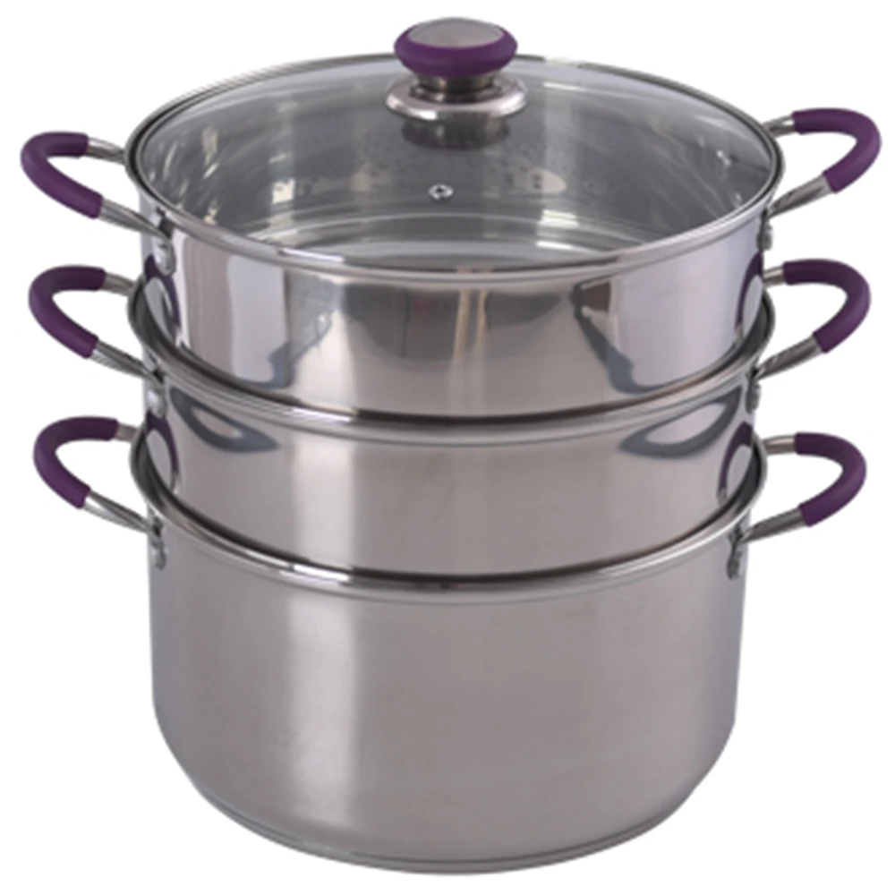 SKU In Stock 28cm 3 Tiers S/S Handle with Silica Gel Steamer Stainless Steel Pot Set LB-1867D