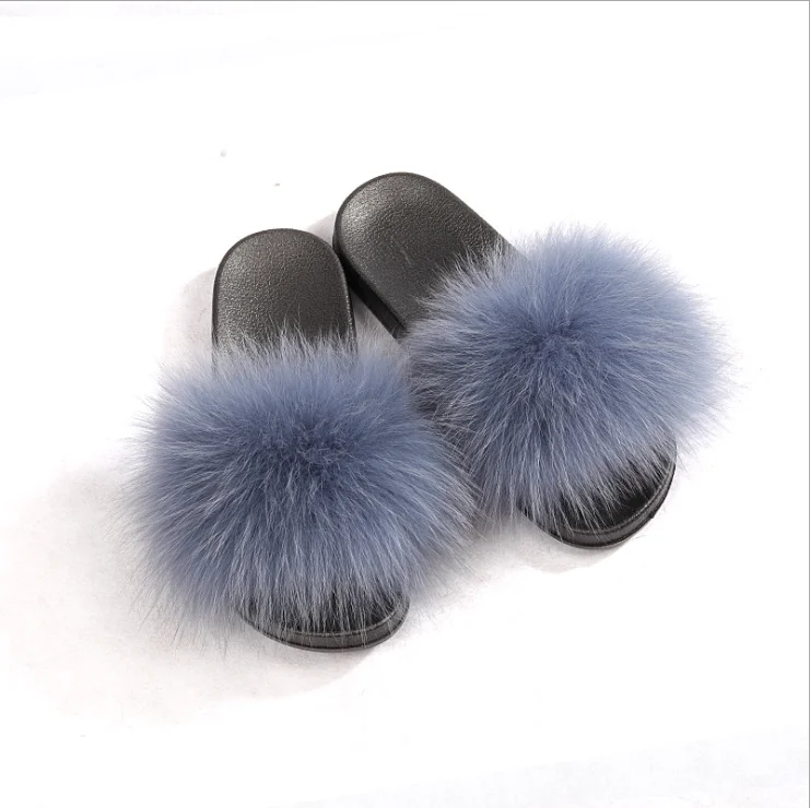 Hot sale girls fur slides Mink fox Fur Slides raccoon fur slippers for women