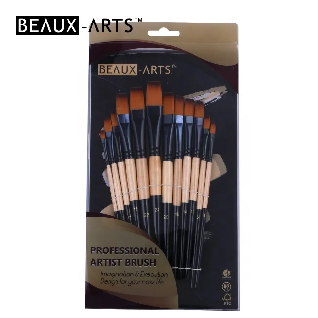 Flat Bicolor Synthetic Artist Brush Acrylic Painting Brushes with Black Aluminum Ferrule and Wooden Handle
