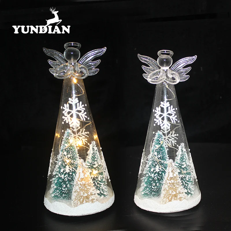 Battery operated table decorative led christmas pyramid glass tree with angel on top for holiday gift