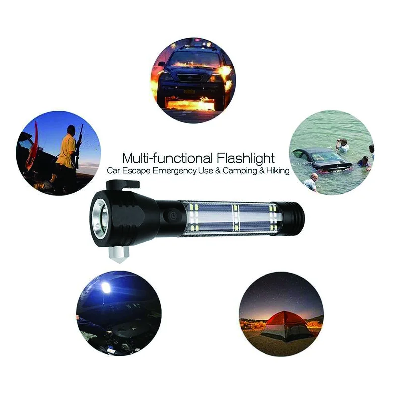 5 in 1 Multifunctional Outdoor Camping Hiking Power Bank Solar USB Rechargeable Flashlight with Safety Hammer and Compass