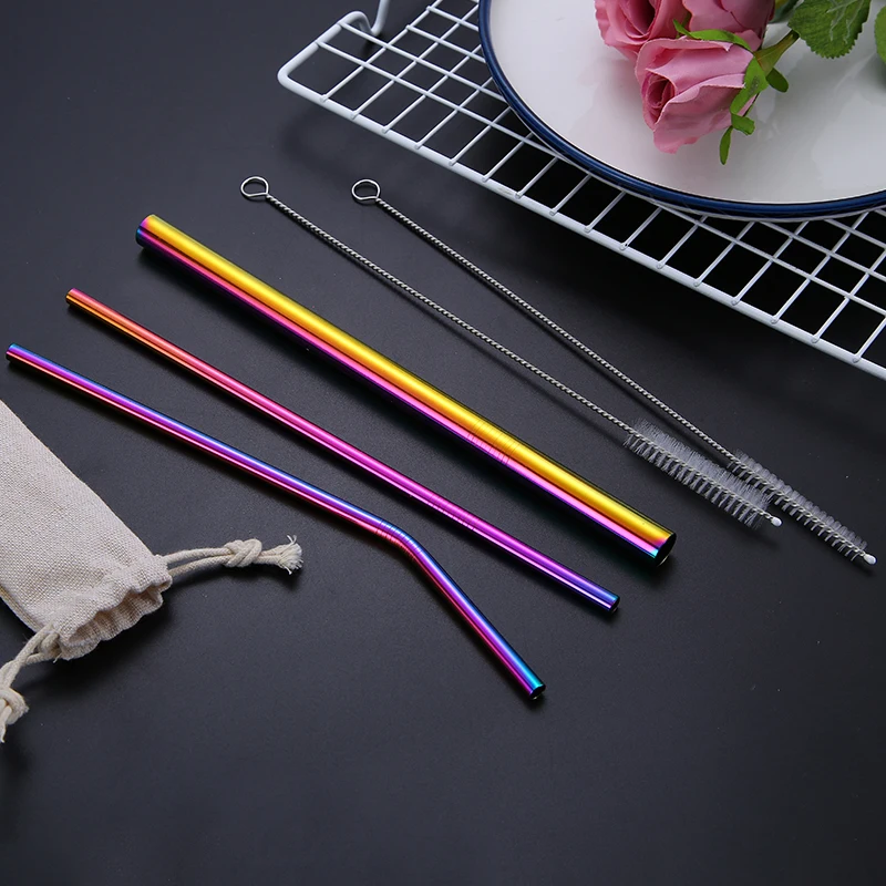 Colorful Gold Rose Gold Copper Reusable Stainless Steel Drinking Straws Set with Bag and Cleaning Brush