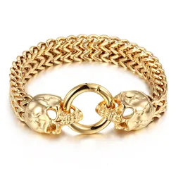 Cool punk 316l stainless steel real gold plated franco chain double lion head skull men bracelet