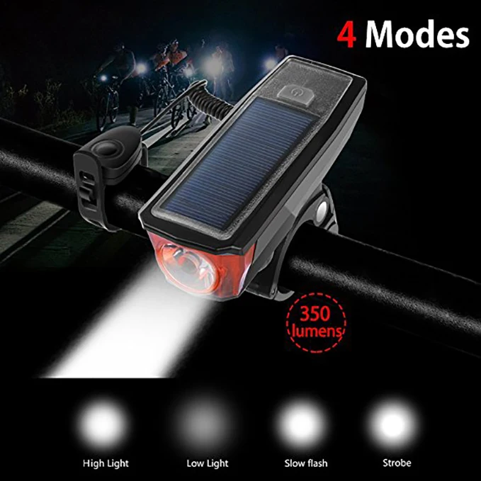 USB rechargeable waterproof IPX5  Solar Powered Bicycle Light LED Front Light with Bell Horn Solar mountain bike lights