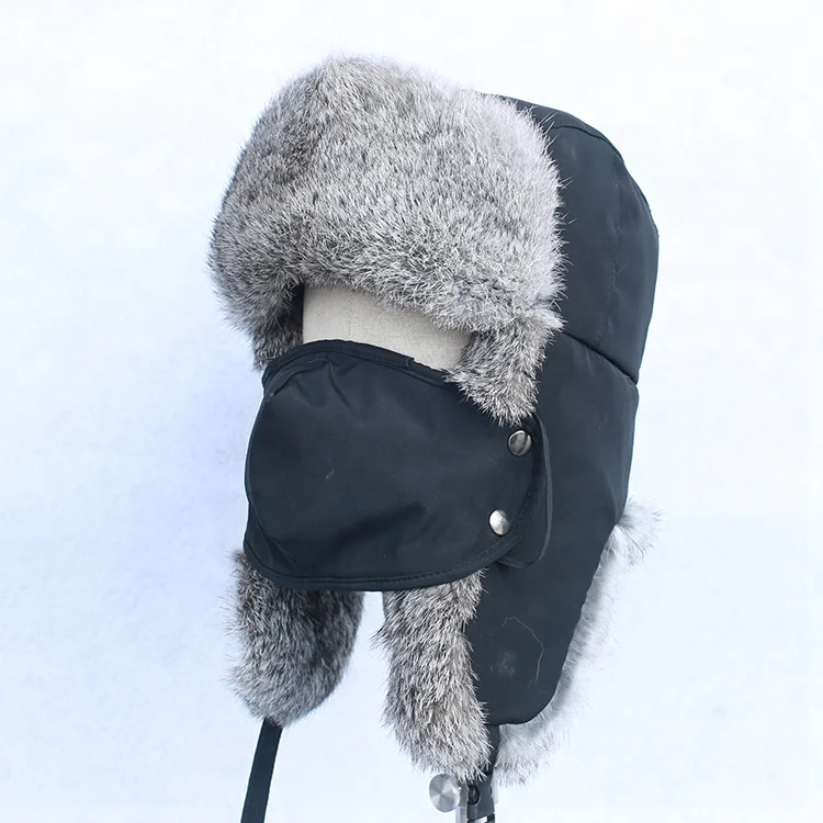 2023 new type SKI MASK rex rabbit fur hat  Russian winter FUR hat with mouth-muffle