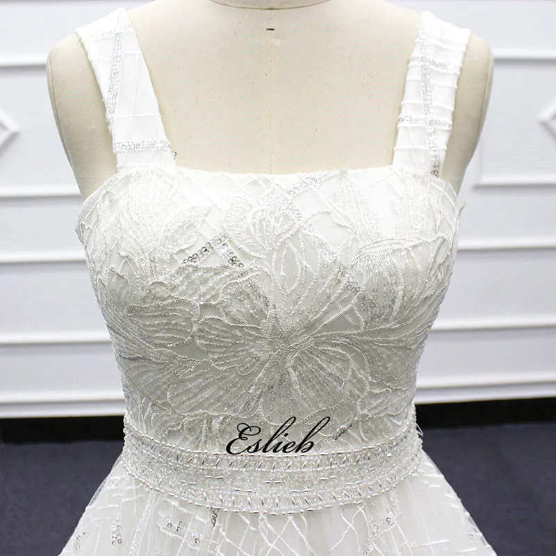 Vintage English style wedding dress wide strap pearls sash glitter wedding dress a line court train invisible back bridal gown