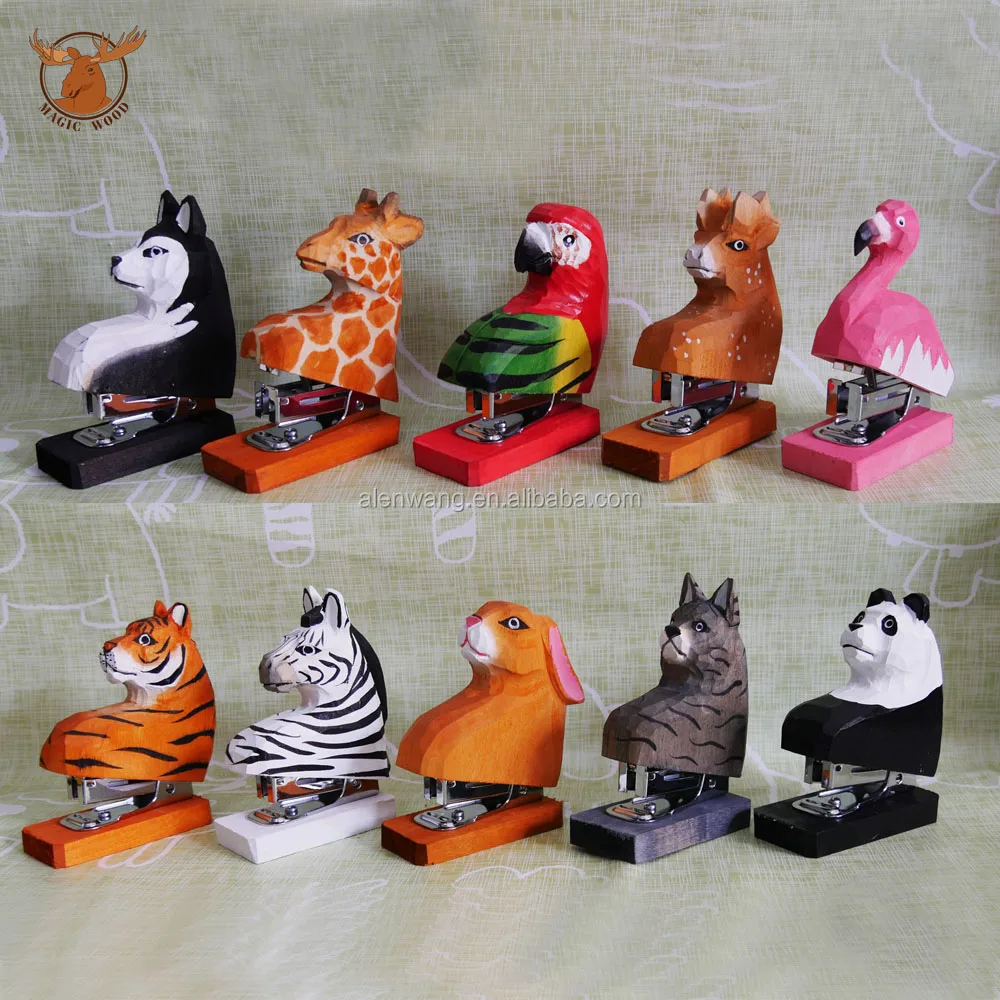 
wholesale creative new style handmade school office stationery wood carving animal shape stapler decoration gifts for kids 
