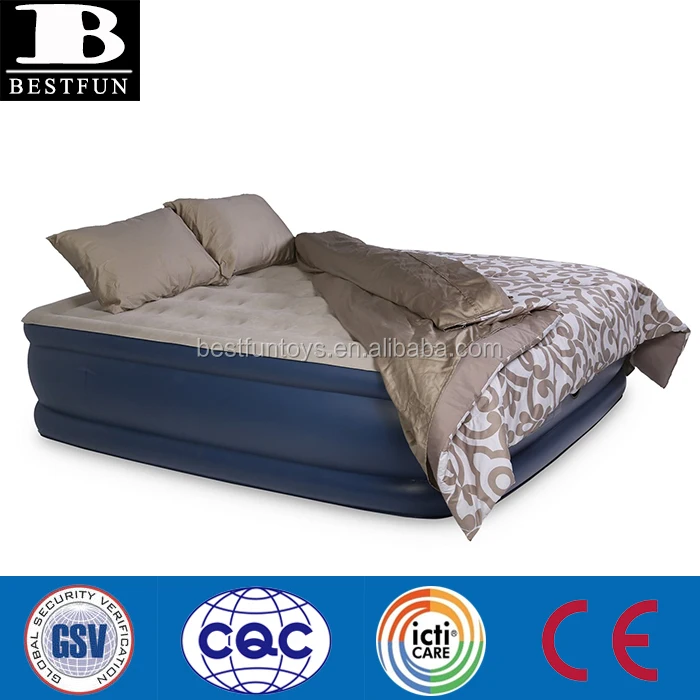 factory customized High Raised queen size flocking Inflatable Air Bed with inside Rechargeable Battery Powered Pump