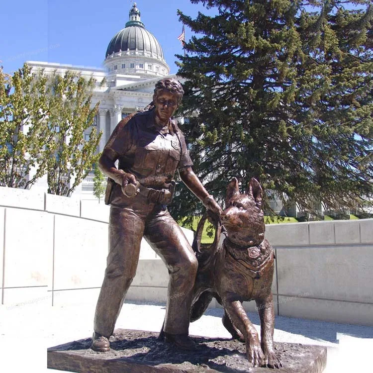 large square decor bronze figure statues soldier and little girl with dog sculpture