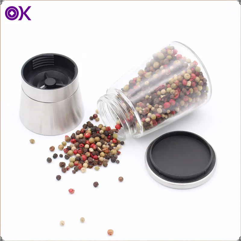glass bottle salt and pepper mill grinder set with stainless steel cover and metal stand