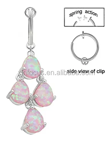 Fake Belly Ring Non Clip on Pretty Sparkling Opal Dangle Navel Ring