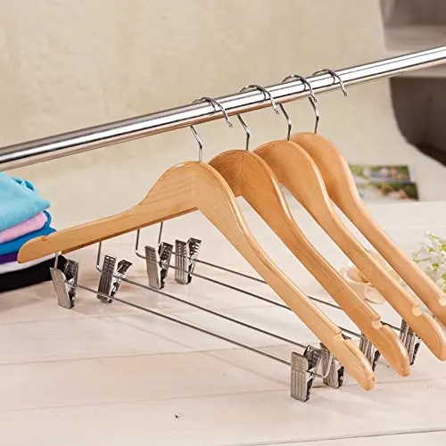 Inspring Wooden Pant Hanger Wooden Suit Hangers with Steel Clips and Hooks, Natural Wood Collection Skirt Hangers