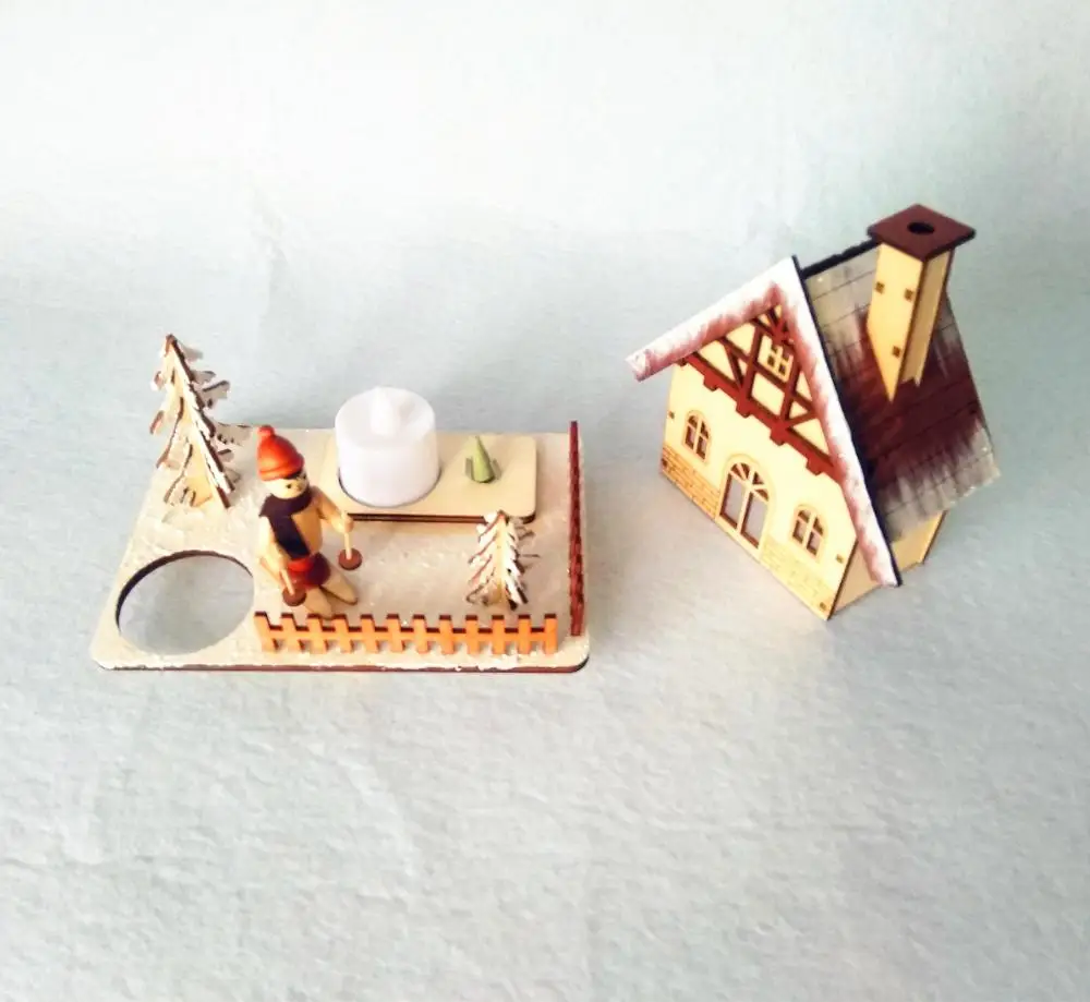 Natural wooden led light Christmas smoker house decoration with tealight holder