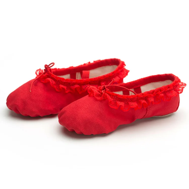 
Wholesale Lovely Red Pink Flesh Lace Attached Canvas Ballet Shoes for Kids 
