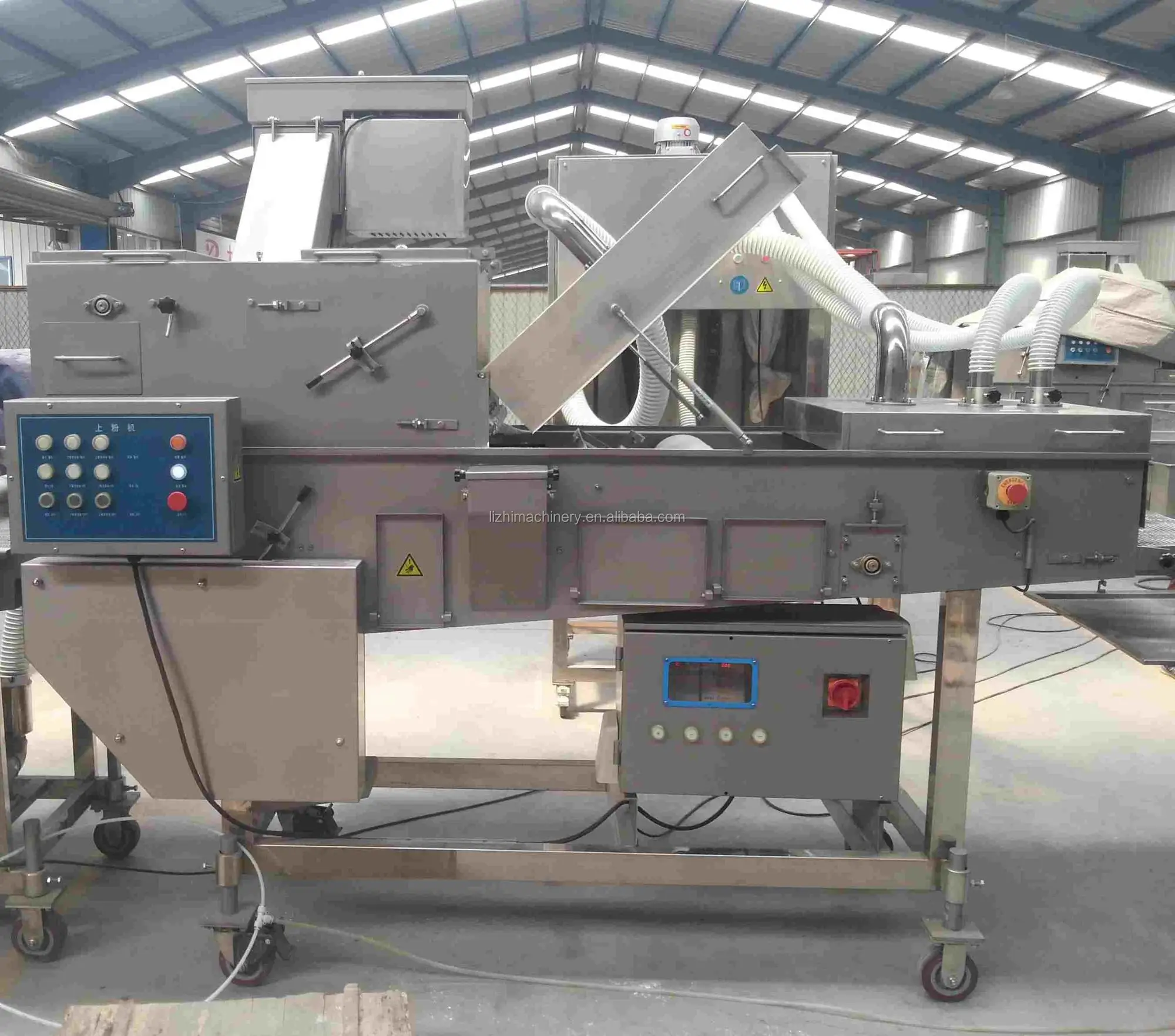 meat pie former maker / fish cutlet flouring preduster machine/ fish nuggets battering breading frying production line