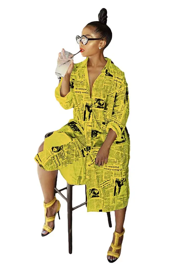 
Top rating fashion design button closure newspaper print pointed collar shirt dress 