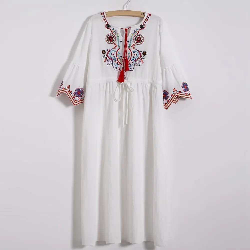 High Quality Japan Style O-neck Embroidery Cotton And Linen Dress For Ladies
