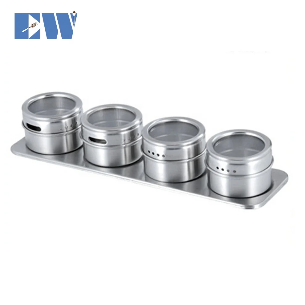 4pcs Tins Stainless Steel Magnetic Kitchen Spice Jar Sets With Rack Herbs Colored Shaker Set