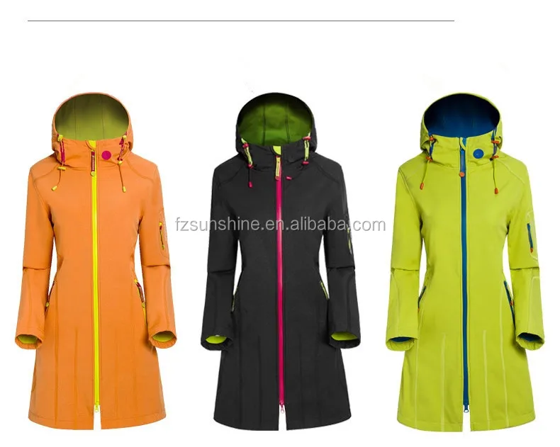Custom Waterproof Hooded Long Softshell Raincoat for women