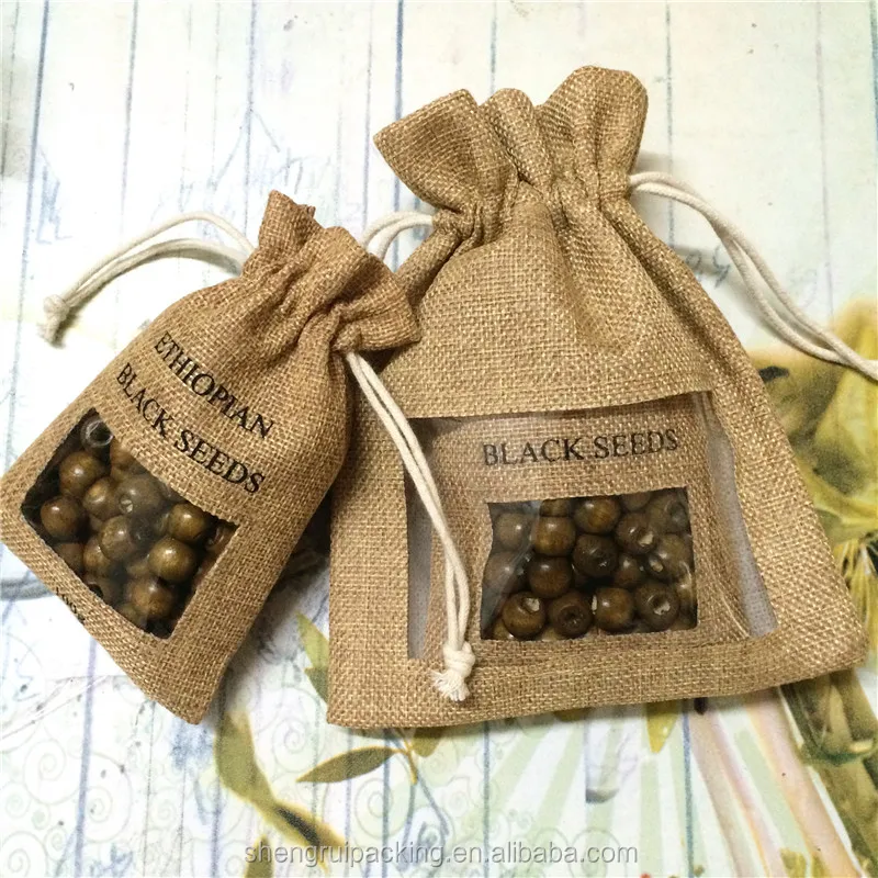 
 Кофейные зерна Джутовая сумка на шнурке с прозрачным окном из ПВХ  